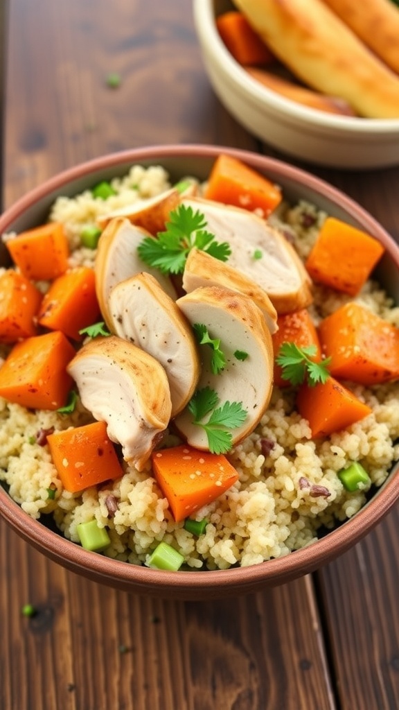 A nutritious bowl of quinoa with chicken and roasted sweet potatoes, garnished with parsley, on a rustic table.